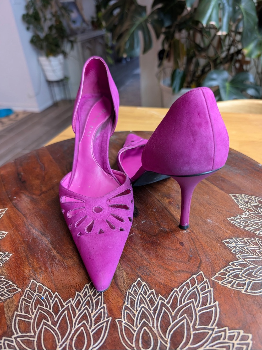 Gianni Bini Magenta Suede Pointed D'Orsay Heels with Cutout Sunburst